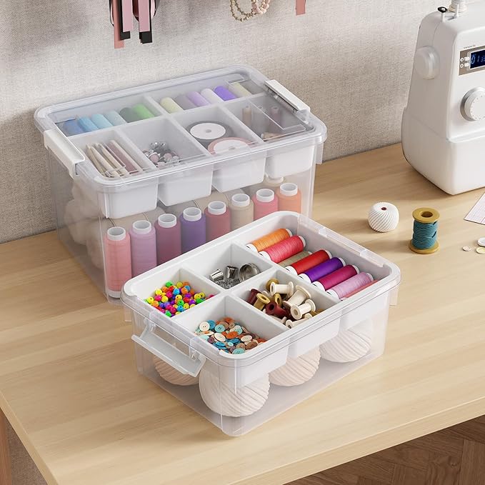 HOMETUK 80Qt Large Stackable Storage Bins with Lids & Trays, Clear Plastic Latching Boxes Organizers with Dividers Portable 20Gal Containers for Arts & Crafts, Home and Car Trunk Organization, 2Pack