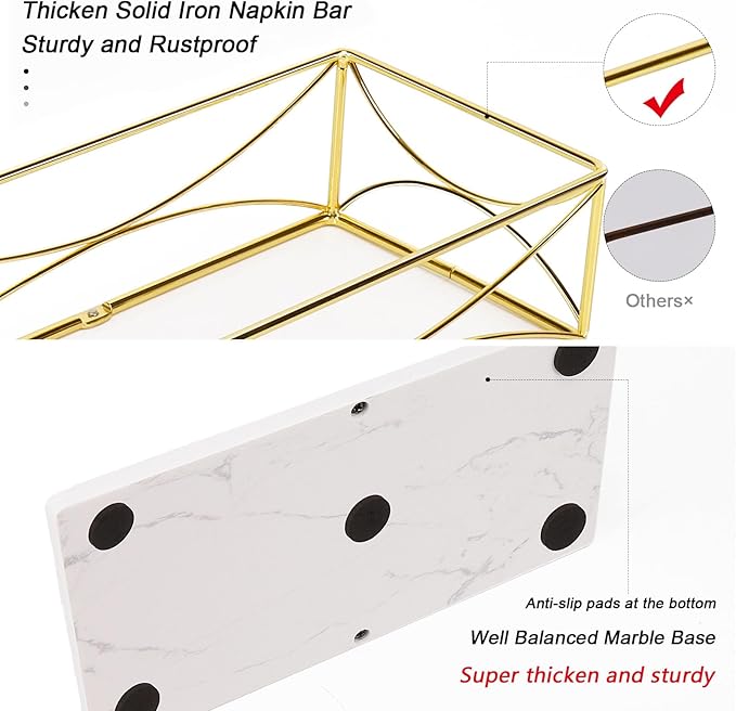 Livabber Guest Napkin Holder, Metal Bathroom Paper Hand Towel Storage Modern Napkin Tray Caddy for Countertop, Table Kitchen, Dinning Room (Gold, Marble Base)