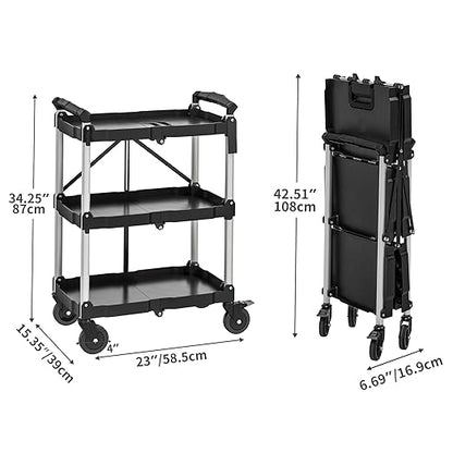 YITAHOME 3-Tier Folding Utility Cart with Wheels, Foldable Service Cart Collapsible Rolling Cart w/ 360° Swivel Wheels & Brake, 350lbs Load Capacity Portable Utility Cart for Kitchen, Warehouse