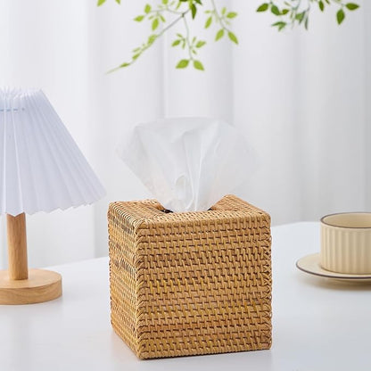 Hand-Woven Rattan Tissue Box Cover, Square Wicker Tissue Holder, Natural Woven Facial Napkin Holder