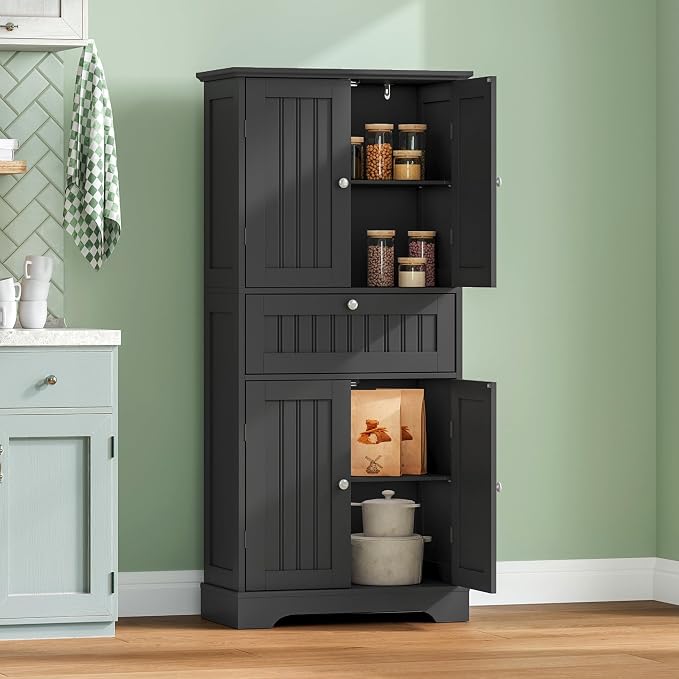 ChooChoo 51" H Tall Bathroom Floor Cabinet, Modern Bathroom Storage Cabinet with Drawer and Adjustable Shelves, Freestanding Kitchen Pantry Cupboard with 4 Doors for Living Room, Black