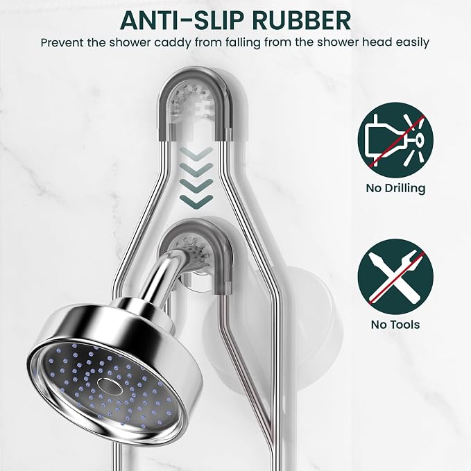 Shower Caddy Hanging Adjustable Shower Caddy, Rustproof Shower Organizer Extended Length Showers Caddy Over Shower Head with Hooks Soap Holder, Large Capacity Anti-Swing Bathroom Organizer, Silver