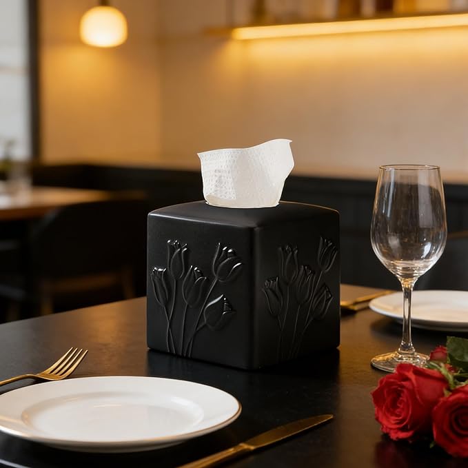 Black Ceramic Tulips Tissue Box Cover - Modern Square Decorative Organizer for Facial Tissues, Farmhouse Style Home Decor for Bathroom, Bedroom, Living Room & Office