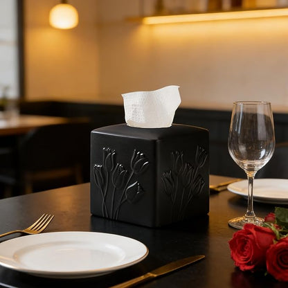 Black Ceramic Tulips Tissue Box Cover - Modern Square Decorative Organizer for Facial Tissues, Farmhouse Style Home Decor for Bathroom, Bedroom, Living Room & Office