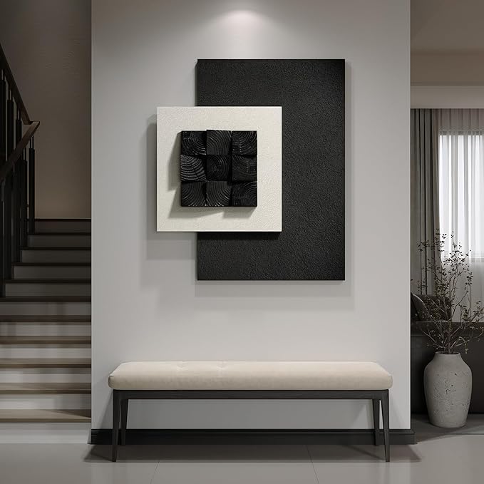 Black and White 3D Textured Abstract Wall Art, Large Modern Wood Artwork for Walls, Minimalist Geometric Wooden Texture Wall Decor for Living Room Entryway Dining Room Hallway Bedroom Home Office