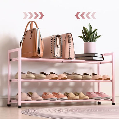 Bumusty 3-Tier Expandable Shoe Rack for Closet, 18“-33” Adjustable Shoe Rack for Small Space, Small Shoe Organizer for Front Door, Sturdy Metal, Pink