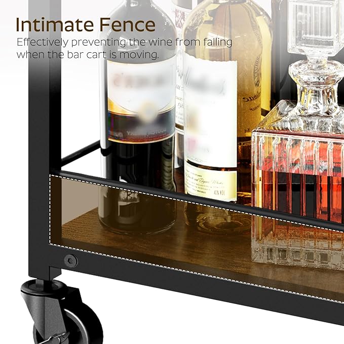 Bar Cart, Bar Cart for The Home, Small Bar Cart on Wheels, Beverage Cart, Home Bar Serving Cart with Glass Holder, Drink Cart for Bar, Kitchen, Rustic Brown and Black BC03BR