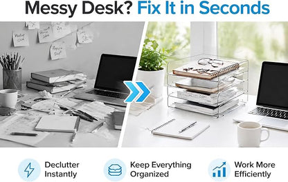 DCA 4 Tier Clear Desk Organizer with 3 Multi-Use Panels, Stackable Paper Letter Tray, Modular File Organizer for Office Home School, Transparent Desktop Storage System