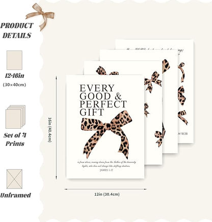 LARTSFRO Coquette Leopard Bow Wall Art Decor Posters, Y2K Cheetah Leopard Bow Room Bedroom Bathroom Dorm Wall Art Decor Aesthetic for College Teen Girls Gifts, Inspirational Bible Verses Bow Wall Decor, 12x16Inch Set of 4 Pcs Cheetah Bow Pictures (UNFR...