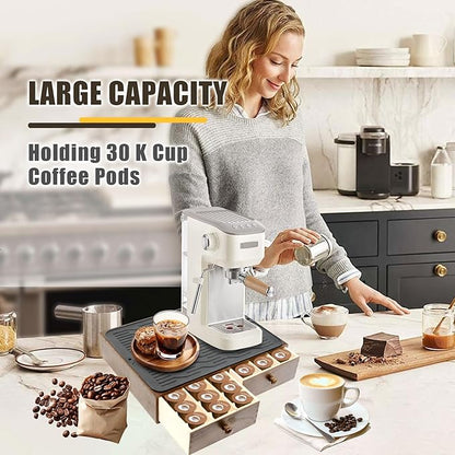 Coffee Pod Holder Storage, Wooden K Cup Organizer for Countertop, K Cup Drawer and Tea Organizer for Counter, Coffee Station Organizer with Silicone Non-Slip Pad (30 Pod Capacity)