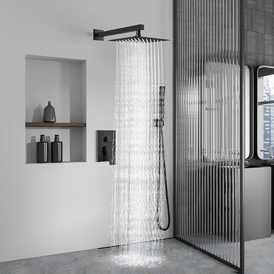Aolemi Shower Faucet Set Rain Shower System with Handheld Spray Bathroom Shower Combo Rough-in Valve and Shower Trim Kit Included Matte Black 12 Inch Wall Mount Shower Head
