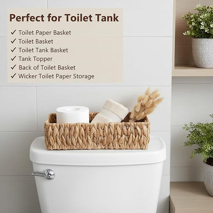 Wicker Toilet Tank Basket, Natural Rectangle Water Hyacinth Storage Baskets, Handwoven Rattan Paper Baskets Organizer with Handles for Bathroom, Kitchen, Living Room Decor, 2-Pack