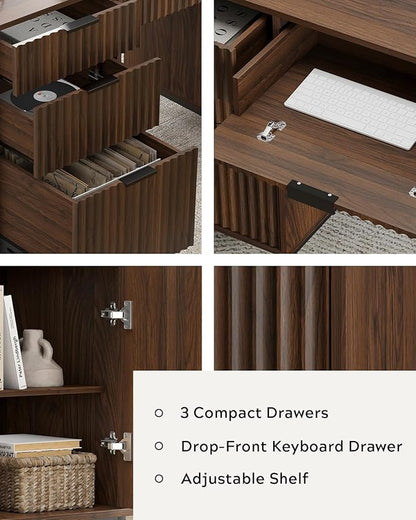 55" Large Fluted Executive Desk with Charging Station, Computer Desk with Storage Cabinet and File Drawer, Modern Wooden Home Office Desk for Workspace, Writing, Study, Brown