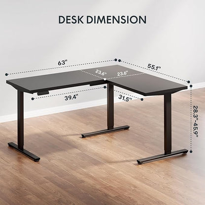 SANODESK Electric Corner L-Shaped 63 x 55 in Standing Desk, Memory Height Adjustment, Black Top Black Frame