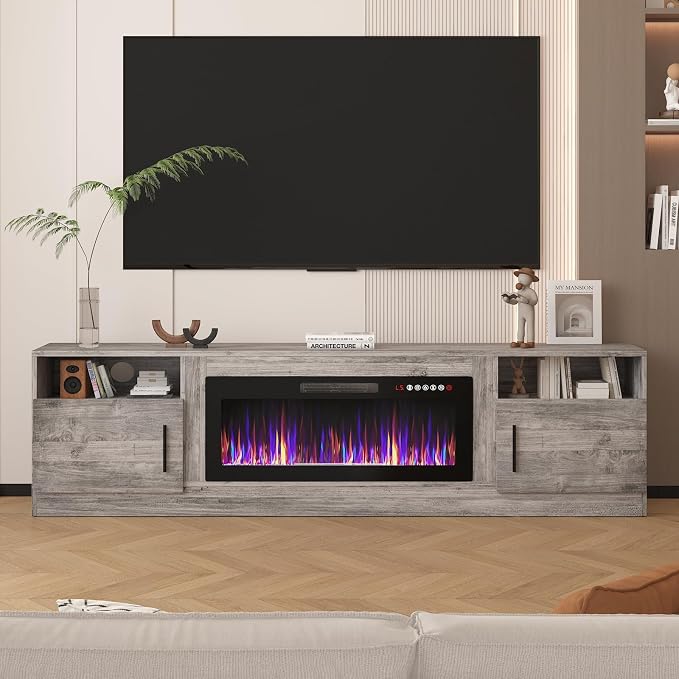 LEMBERI 80 Inch Fireplace TV Stand for TVs up to 90", 36" Electric Fireplace Entertainment Center with 20-Color LED, 300lbs Max Capacity Modern Wood Media Console Cabinet, Gray