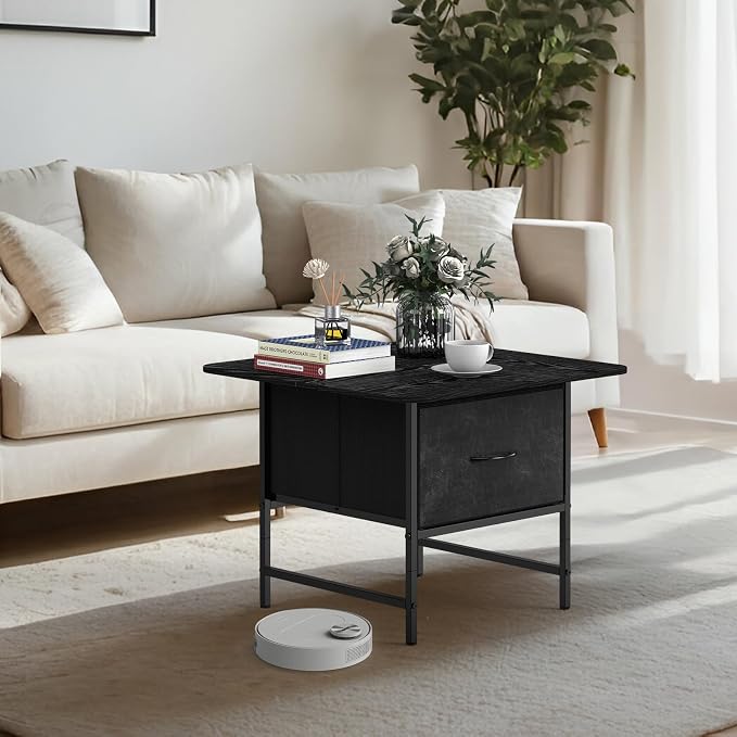 Shinoske Square Coffee Table with Storage Drawer,Small Black Coffee Tables for Living Room,2-Tier Farmhouse Center Table with Round Corners for Small Space,Apartment,Office