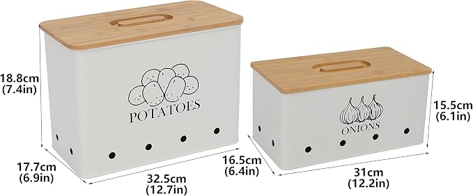 Potato and Onion Storage Bin Set of 2, Vented Metal Vegetable Storage with Wooden Lids, Farmhouse Kitchen Canisters for Countertop Pantry Organizer, Potato Bin Onion Holder for Produce Storage, White