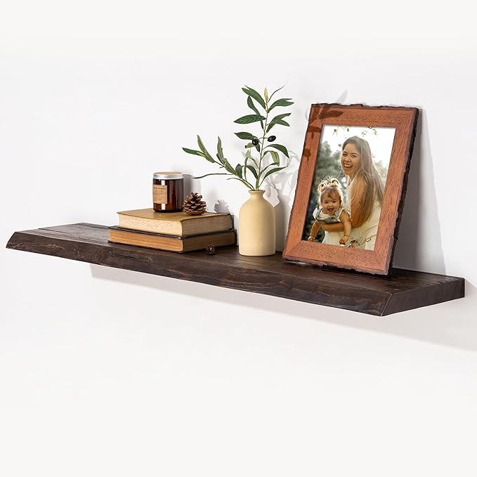 fuqing Solid Elm Wood Floating Shelves for Wall - 48 Inch Wide x 9 Inch Deep Live Edge Floating Shelves Wall Mounted - Natural Wooden Shelves with Heavy Duty Metal Brackets and Anchors