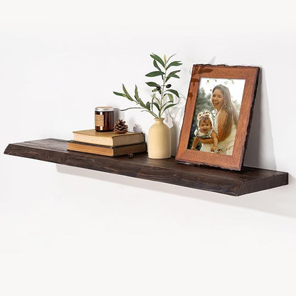 fuqing Solid Elm Wood Floating Shelves for Wall - 48 Inch Wide x 9 Inch Deep Live Edge Floating Shelves Wall Mounted - Natural Wooden Shelves with Heavy Duty Metal Brackets and Anchors
