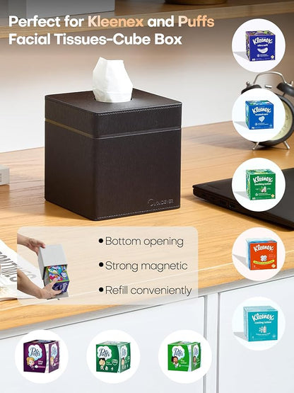 Cloudever Tissue Box Holder Cover, Modern PU Leather Square Decorative Tissue Holder Organizer-Woven New Off White