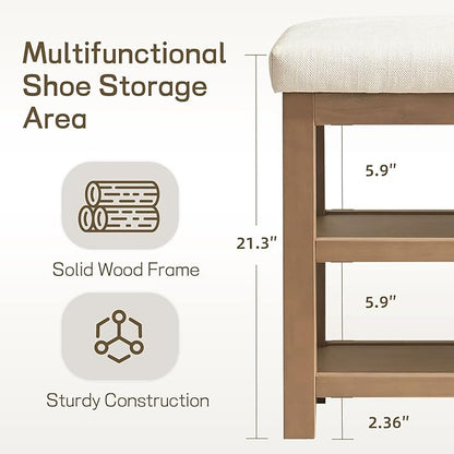 2 Tier Shoe Rack Bench with Cushion, Solid Wood Shoe Benches, Mid-Century Modern Shoe Storage Bench for Entryway, Hallway, Living Room, Closet, Front Door Entrance, (Beige, 39.4")