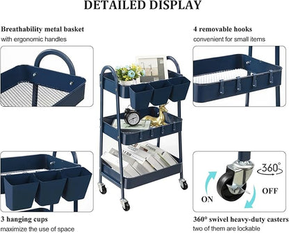 danpinera 3-Tier Rolling Cart, Utility Cart Mobile Metal Rolling Storage Cart with Lockable Wheels & Hanging Cups & Hooks for Kitchen, Bathroom, Office, Workshop, Dark Blue
