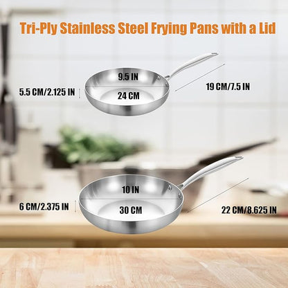 Inqibee 9.5-10 Inch Tri-Ply Stainless Steel Frying Pan Set of 2, Skillets, Induction Cooking Pan, Pots and Pans Set, Dishwasher and Oven Safe