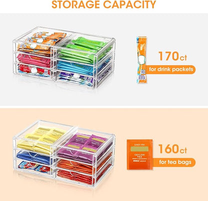 AIEVE Drink Packet Organizer, Stackable Storage Drawers for Tea Bag Organizer, Water Packet Holder with 6 Drawers Acrylic Bins for Kitchen Cabinets Pantry Office Organization