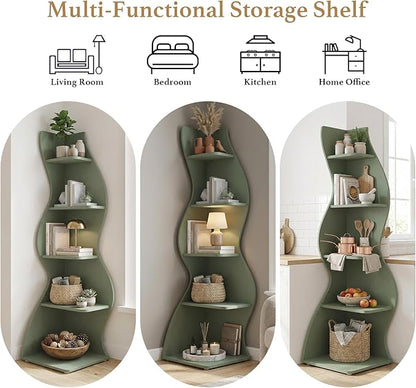 Arvolia 70 Inch Corner Bookshelf, Modern 5-Tier Small Bookshelf with Unique Curved Design, Freestanding Vertical Storage Shelf for Living Room, Bedroom or Home Office (Sage Green)