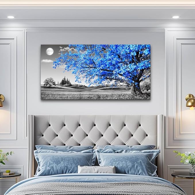 wall art for living room Simple Life Blue moon tree landscape Abstract painting office Wall Decor 20" x 40" single Pieces Canvas Prints Ready to Hang for Home Decoration Black and white Works of art