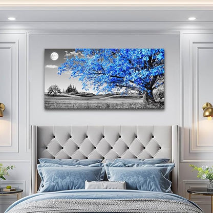 wall art for living room Simple Life Blue moon tree landscape Abstract painting office Wall Decor 20" x 40" single Pieces Canvas Prints Ready to Hang for Home Decoration Black and white Works of art
