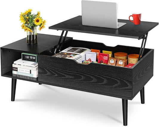 OLIXIS Wood Coffee Table Lift Top Coffee Tables for Living Room Office, Small Rising Wooden Center Tables with Large Storage Shelf and Hidden Compartment, Black