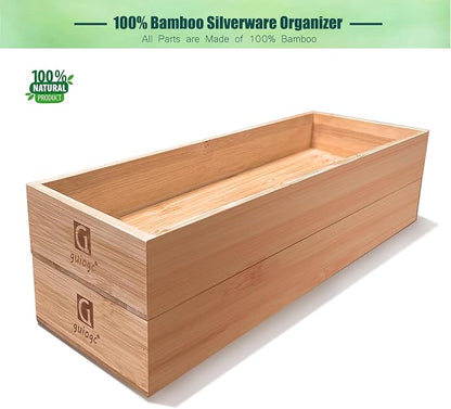 guiogc Silverware Drawer Organizer, Utensil Organizer, Bamboo Storage Box Wood Tray for Drawer Set of 2