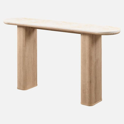 OKD 63 Inch Modern Console Table with Arc Faux Marble Texture Top, Fluted Wood Base, Contemporary Entryway Sofa Table for Living Room, Hallway, Foyer, Natural Oak