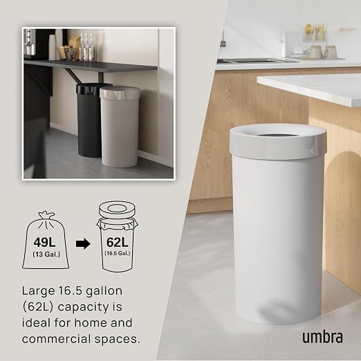 Umbra Vento Kitchen Trash Can – Large 16 Gal (62 L) Open Top Garbage Can for Home & Office – Modern Clean Design, Grey