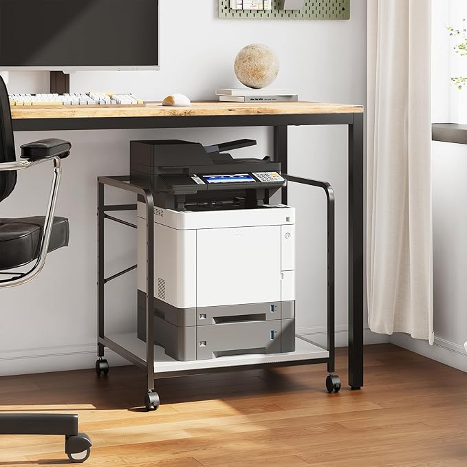Warmiehomy 2 Tier Printer Stand with Storage, 22 Inches(55cm x 50cm) Under Desk Rolling Printer Cart with Height Adjustable Shelf, Large Printer Table for Home Office, White
