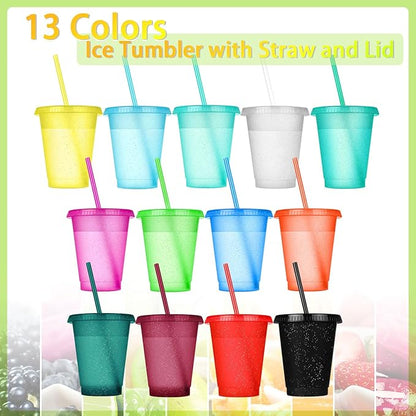 Sieral Cups with Straws and Lids Kids Tumbler with Straw Reusable Water Bottle Iced Coffee Travel Mug Adults Plastic Cups for Parties 16 oz(Bright Colors,15 Pack)