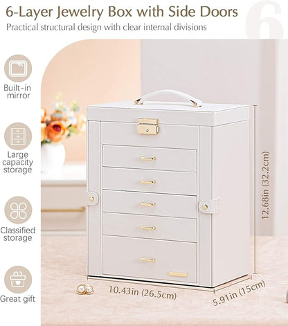 Homde Jewelry Box Large for Women: 6 Layers 5 Drawers Organizer with Mirror for Ring Earring Necklace - Storage Holder with Lock for Dresser (White) - Christmas Gifts