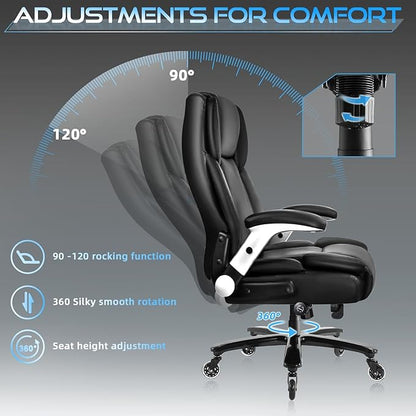 VITESSE Large Heavy Duty Office Chair 600lbs with Flip up Armrest, Big and Tall Chair with Ergonomic Lumbar Support, Leather Office Chair for Heavy People with Quiet Rubber Wheel (Black)
