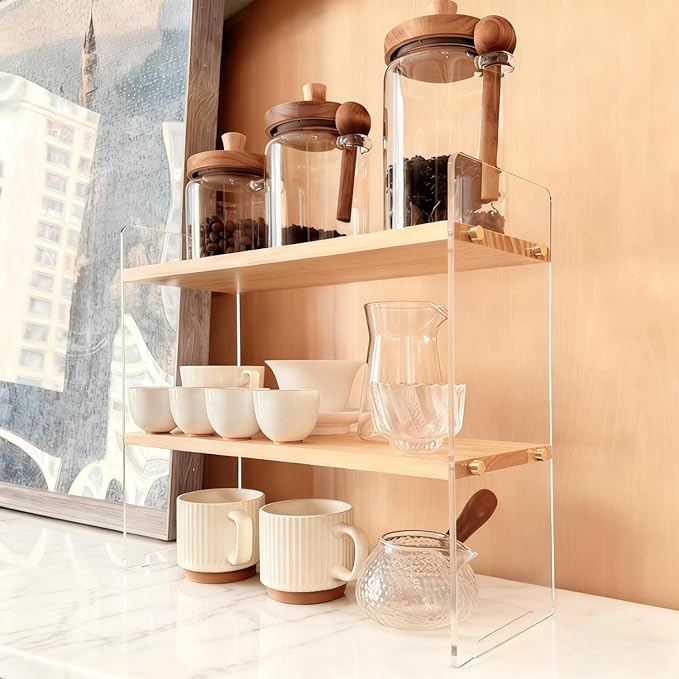 Coffee Station Organizer 2 Tier, Solid Wood Mug Shelf for Coffee Bar,Matcha Station,Tea Storage - Holds Mugs,Beans,Syrup,Cups,Tirrers (Transparent Acrylic, 15.4" L x 5.7" W x 13.4" H)