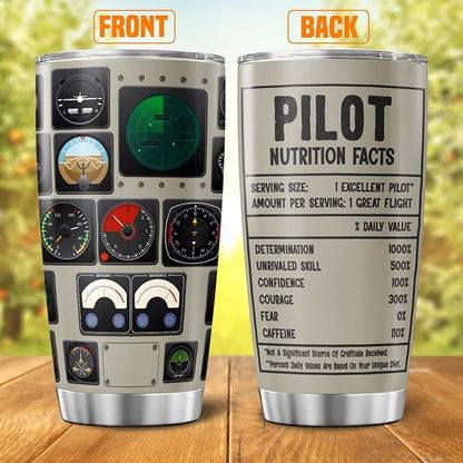 Pilot Nutrition Facts Tumbler Gift for Men, Aviation Panel Design 20oz Stainless Steel Cup, Funny Flight Coffee Mug for Pilot, Dad, Son, Husband, Birthday or Christmas