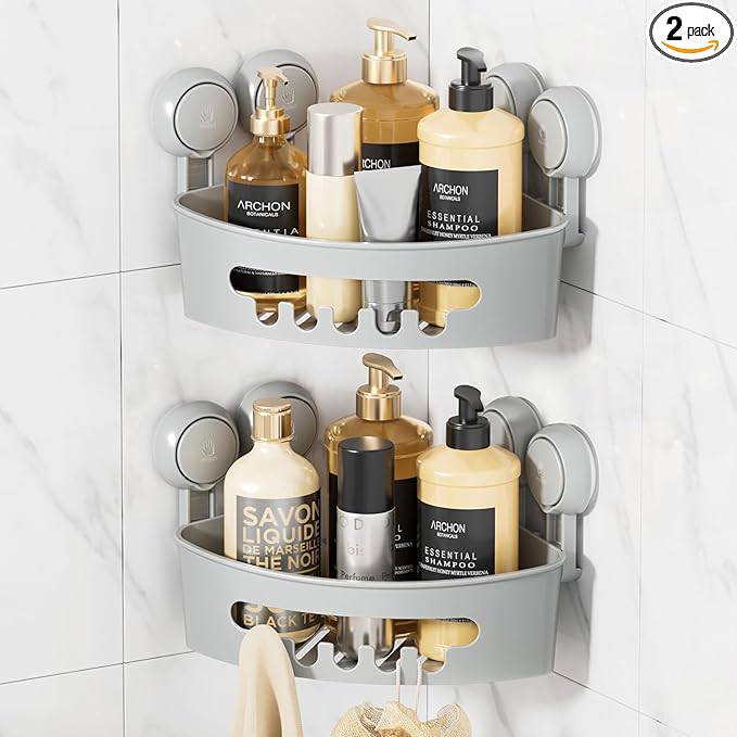 LEVERLOC Corner Shower Caddy Suction Cup, shower shelves suction cup, 2 Pack Basket Powerful Bathroom, Waterproof & Oil-proof Organizer for Kitchen, No-Drilling Removable