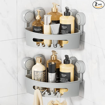 LEVERLOC Corner Shower Caddy Suction Cup, shower shelves suction cup, 2 Pack Basket Powerful Bathroom, Waterproof & Oil-proof Organizer for Kitchen, No-Drilling Removable