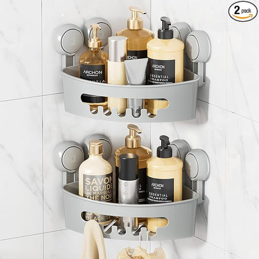 LEVERLOC Corner Shower Caddy Suction Cup, shower shelves suction cup, 2 Pack Basket Powerful Bathroom, Waterproof & Oil-proof Organizer for Kitchen, No-Drilling Removable