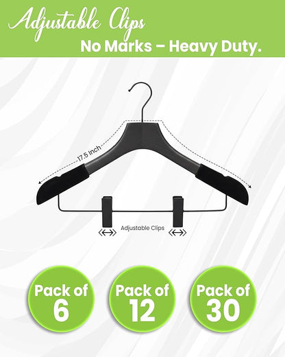Wooden Hangers with Clips for Women, Solid Wood Skirt & Suit Hangers, Heavy-Duty Adjustable Non-Slip Design with Velvet Grip, Black with Black Velvet, 12 pcs