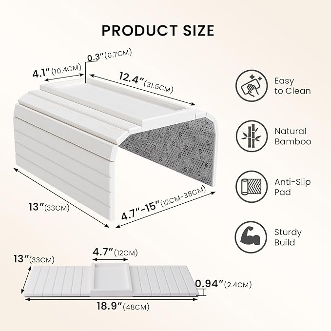 Sofa Arm Tray,Bamboo Folding Couch Arm Tray,Sofa Armrest Trays with Anti-Slip Pad for Drinks,Snacks,Phone,Remote Control（White）