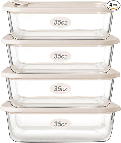 Urban Green Glass Food Storage Containers with Glass Lids, Microwave Safe Food Container Set, Airtight Food Container Set, LeakProof, 100% Plastic Free, White Color, 4pack