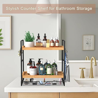 LEMIKKLE Coffee Station Organizer with Pod Holder and Drawer, Kitchen Countertop Organizer, Coffee Bar Accessories Station with Coffee Pod Storage, 2-Tier Wood Coffee Organizer With 6 Hooks