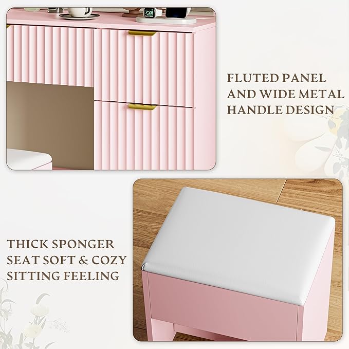 47" Fluted Makeup Vanity Desk with Large 42" Mirror and Lights, Vanity Table with 3 Drawers & 2 Storage Cabinet, Dressing Table Charging Station & Chair for Living Room, Bedroom, Pink