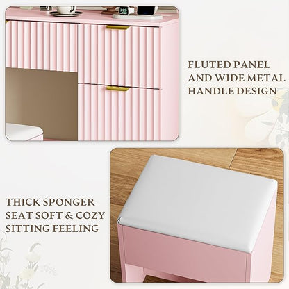 47" Fluted Makeup Vanity Desk with Large 42" Mirror and Lights, Vanity Table with 3 Drawers & 2 Storage Cabinet, Dressing Table Charging Station & Chair for Living Room, Bedroom, Pink